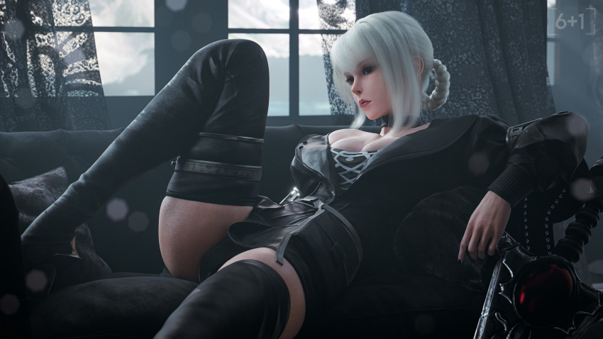 1girl 3d black_thighhighs blender_(medium) boots braid breasts cleavage couch curtains grey_hair high_heel_boots high_heels highres kaine_(nier) knee_up looking_at_viewer nier nier_(series) nier_reincarnation off_shoulder official_alternate_costume reclining seven_(sixplusone) solo sword thigh_boots thighhighs thighs weapon window