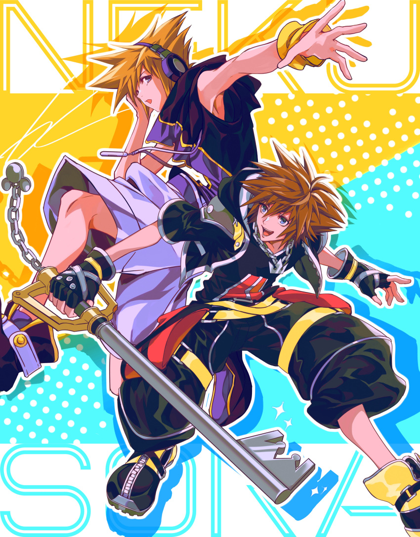 2boys absurdres arm_up black_jacket black_pants black_shirt blue_eyes boots brown_hair chain chain_necklace character_name commentary cropped_jacket drop_shadow full_body grey_eyes hand_on_headphones hand_up happy headphones highres holding holding_weapon hood hoodie jacket jewelry jumping keyblade kingdom_hearts kingdom_hearts_3d_dream_drop_distance leaning_forward leg_up looking_at_another male_focus multicolored_background multicolored_footwear multicolored_shirt multiple_boys necklace open_clothes open_jacket open_mouth orange_hair outstretched_arm outstretched_hand pants polka_dot puffy_pants purple_headphones purple_headwear purple_shorts roku_(gansuns) sakuraba_neku shirt shoes short_hair shorts sleeveless sleeveless_hoodie smile sora_(kingdom_hearts) sparkle spiked_hair standing subarashiki_kono_sekai thigh_strap v-neck weapon wristband yellow_wristband zipper