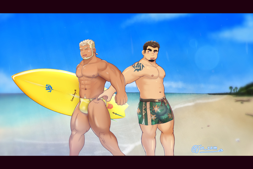 2boys abs arm_tattoo bara beach beard black_hair blonde_hair blush bulge chinstrap_beard closed_eyes collarbone crave_saga dark-skinned_male dark_skin drooling earrings excalibur_(crave_saga) eyebrow_cut facial_hair forked_eyebrows goatee green_male_swimwear highres holding holding_surfboard jewelry jin_zem_(jinzemu) large_pectorals looking_at_another male_focus male_swimwear mature_male mouth_drool multiple_boys muscular muscular_male navel_hair nipples official_alternate_costume open_mouth pectorals protagonist_(crave_saga) short_hair smile surfboard swim_briefs swim_trunks tattoo tearing_clothes thick_eyebrows thick_thighs thighs torn_clothes twitter_username yaoi yellow_male_swimwear