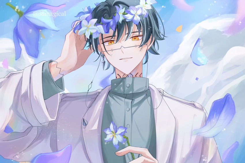 1boy belt black_belt black_hair blazer blue_sky flower glasses grey_shirt head_wreath highres holding holding_flower itsuki_(paradox_live) jacket male_focus miya_(38magical) multicolored_hair neck_tattoo orange_eyes paradox_live petals phantometal_(paradox_live) purple_flower shirt short_hair sky smile solo tattoo teeth turtleneck twitter_username white_hair white_jacket white_shirt