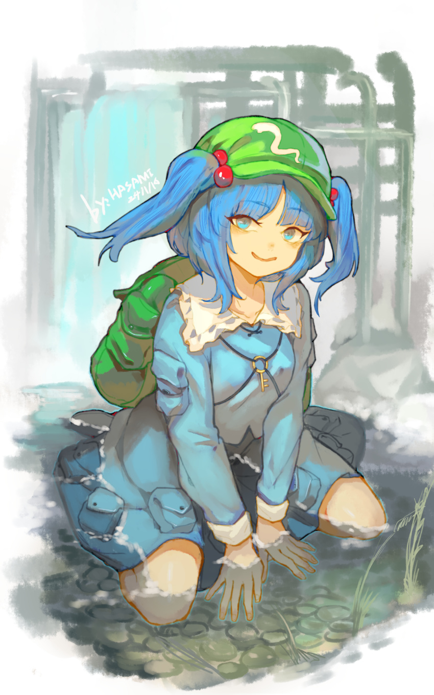 1girl absurdres backpack bag blue_eyes blue_hair blue_shirt blue_skirt collared_shirt flat_cap green_headwear hair_bobbles hair_ornament hat highres hua_ha_jiazi kawashiro_nitori key long_sleeves looking_at_viewer medium_hair open_mouth shirt skirt smile solo touhou two_side_up water