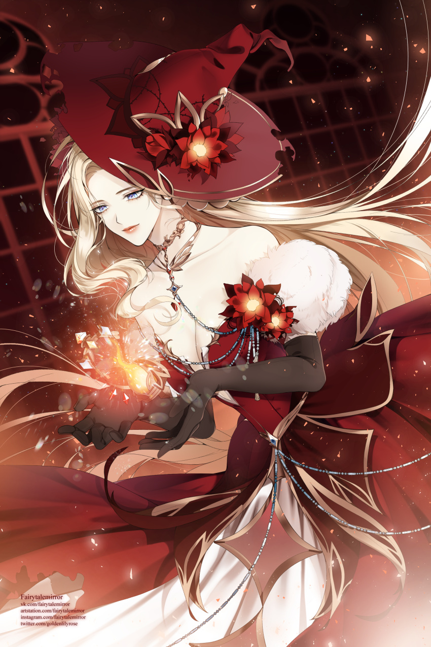 1girl absurdres blonde_hair blue_eyes breasts cleavage crimson_lotus_moth_(genshin_impact) dress english_commentary fairytalemirror fire flower fur_trim genshin_impact gloves hat highres jewelry long_hair necklace red_dress red_flower signora_(genshin_impact) tagme upper_body very_long_hair witch_hat