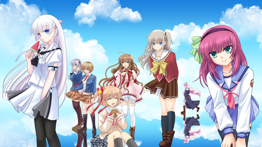 6+girls :d ^_^ ahoge angel_beats! arms_behind_back artist_request black_dress black_hairband black_pantyhose black_socks black_thighhighs blonde_hair blue_eyes blue_jacket blue_sailor_collar blue_skirt blue_sky blunt_bangs bow braid brown_footwear brown_hair brown_skirt brown_thighhighs charlotte_(anime) closed_eyes closed_mouth cloud commentary_request company_connection cowboy_shot crossover day dress floating_clothes floating_hair food frilled_dress frilled_sleeves frills full_body green_bow green_eyes grey_hair hair_between_eyes hair_bow hair_ornament hair_over_one_eye hair_ribbon hairband hand_up hands_on_own_knees heaven_burns_red highres holding holding_food holding_popsicle hoshinoumi_academy_school_uniform izumi_yuki_(heaven_burns_red) jacket juliet_sleeves kamikita_komari kamisama_ni_natta_hi kanbe_kotori kayamori_ruka kazamatsuri_institute_high_school_uniform key_(company) kneehighs knees_up little_busters! loafers long_hair long_ribbon long_sleeves looking_afar looking_at_viewer medium_hair miniskirt multiple_crossover multiple_girls nakamura_yuri naruse_shiroha necktie nun one_eye_covered open_clothes open_jacket open_mouth outdoors pantyhose pink_dress pink_hair plaid plaid_skirt pleated_skirt popsicle puffy_short_sleeves puffy_sleeves purple_hair red_eyes red_necktie red_ribbon red_shirt reflective_floor rewrite ribbon sailor_collar satou_hina_(kamisama_ni_natta_hi) school_uniform serafuku shinda_sekai_sensen_uniform shirt shoes short_dress short_hair short_sleeves sidelocks sitting skirt sky sleeves_past_wrists smile socks split_mouth standing star_(symbol) star_hair_ornament straight_hair summer_pockets sweater sweets thighhighs tomori_nao twin_braids two_side_up v_arms very_long_hair watermelon_bar wavy_hair white_hair white_sailor_collar white_shirt white_skirt white_thighhighs wide_sleeves yellow_bow yellow_sweater zettai_ryouiki