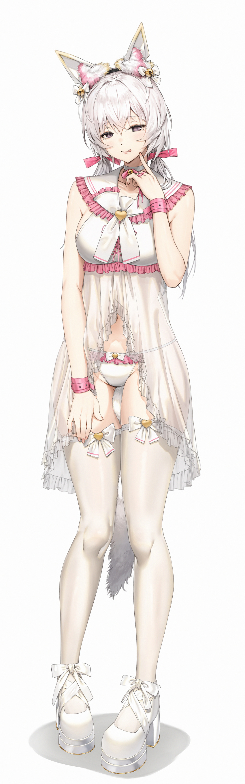 1girl absurdres aged_up alternate_costume animal_ears azur_lane breasts cat_ears cat_tail closed_mouth commission fake_animal_ears fake_tail flandre_(azur_lane) full_body grey_eyes groin hair_between_eyes hair_ribbon hand_up high_heels highres licking_lips light_blush long_hair looking_at_viewer low_twintails medium_breasts navel negligee panties pink_ribbon pixel_(yuxian) pixiv_commission pointing pointing_at_self ribbon shadow simple_background solo standing tail thighhighs tongue tongue_out twintails underwear white_background white_footwear white_hair white_negligee white_panties white_ribbon white_thighhighs