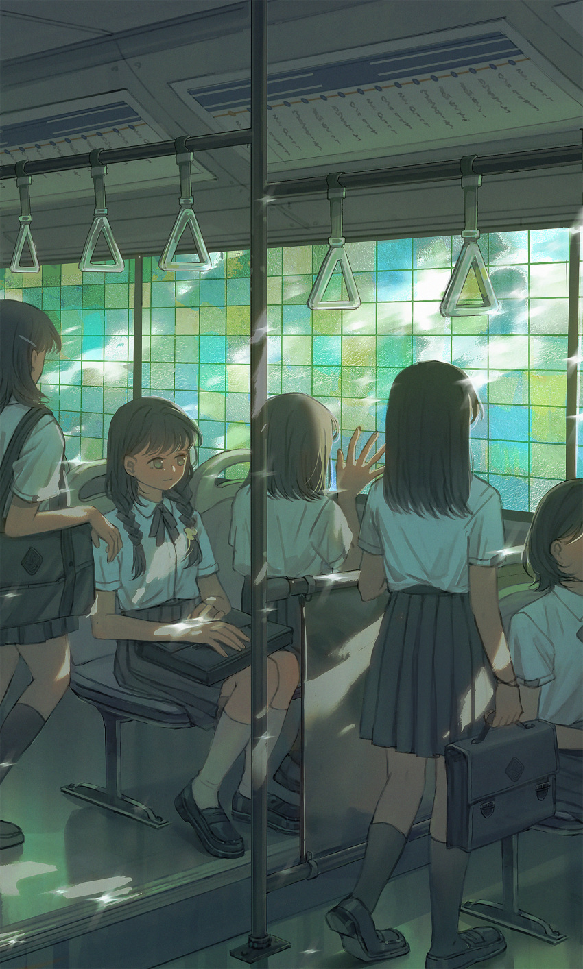 5girls absurdres bag black_ribbon black_skirt black_socks braid briefcase bus_interior collared_shirt commentary hand_grip highres holding holding_briefcase kimonogo kneehighs loafers long_hair medium_hair multiple_girls neck_ribbon original ribbon school_bag school_briefcase school_uniform shirt shoes short_hair sitting skirt socks standing symbol-only_commentary twin_braids white_shirt white_socks