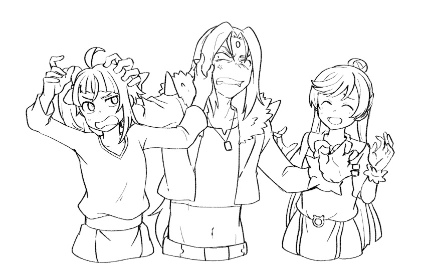 1boy 2girls ahoge anger_vein angry battamonda bow clenched_teeth cropped_jacket forehead_jewel fur_trim hair_bow hair_bun half_updo highres hirogaru_sky!_precure jewelry lineart long_hair long_sleeves midriff multiple_girls necklace nijigaoka_mashiro open_mouth precure side_ponytail simple_background skirt smile sora_harewataru teeth temoshi_(tmtm1932) white_background