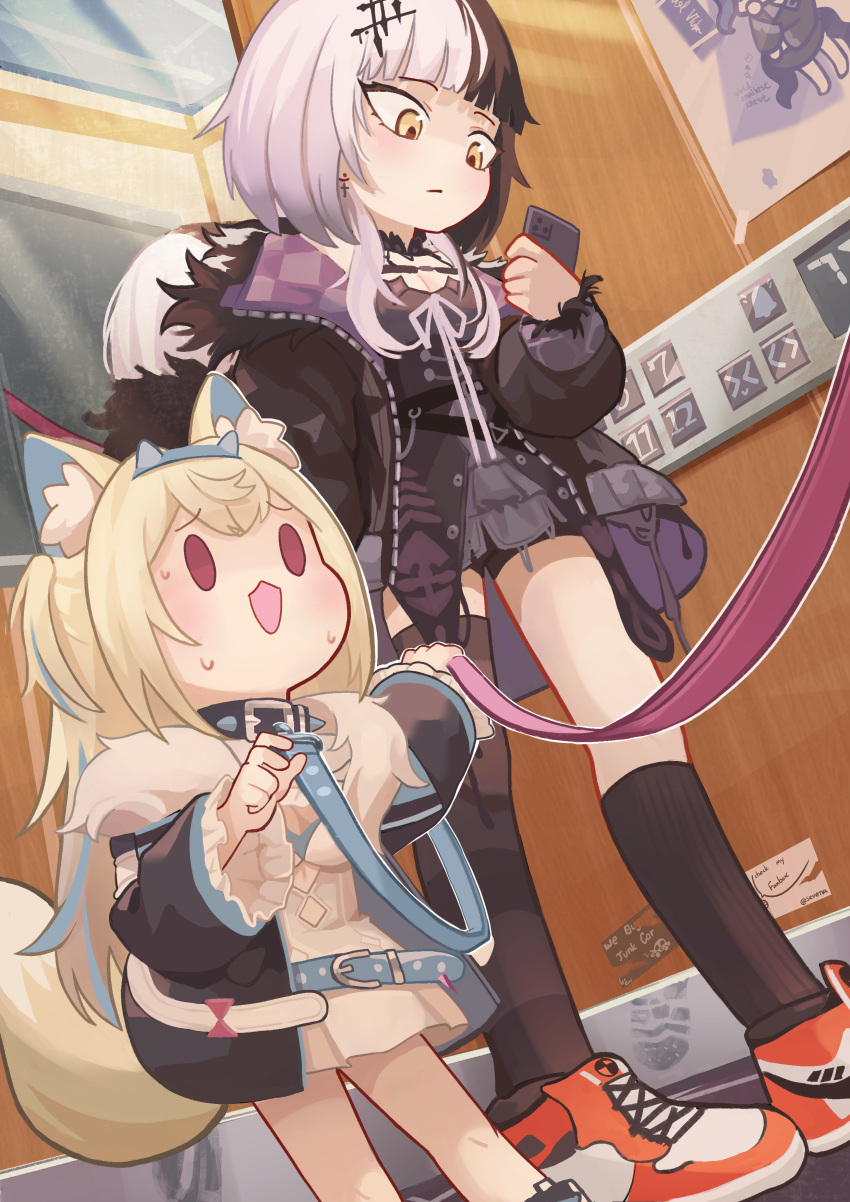 2girls absurdres animal_ears black_dress black_hair blonde_hair cellphone collar dog_ears dog_tail dress fuwawa_abyssgard fuwawa_abyssgard_(1st_costume) height highres hololive hololive_english jacket leash long_hair multicolored_hair multiple_girls nanachides phone pink_eyes shiori_novella shiori_novella_(1st_costume) shoes short_hair short_hair_with_long_locks smartphone sneakers split-color_hair streaked_hair tail thighhighs virtual_youtuber white_dress white_hair yellow_eyes