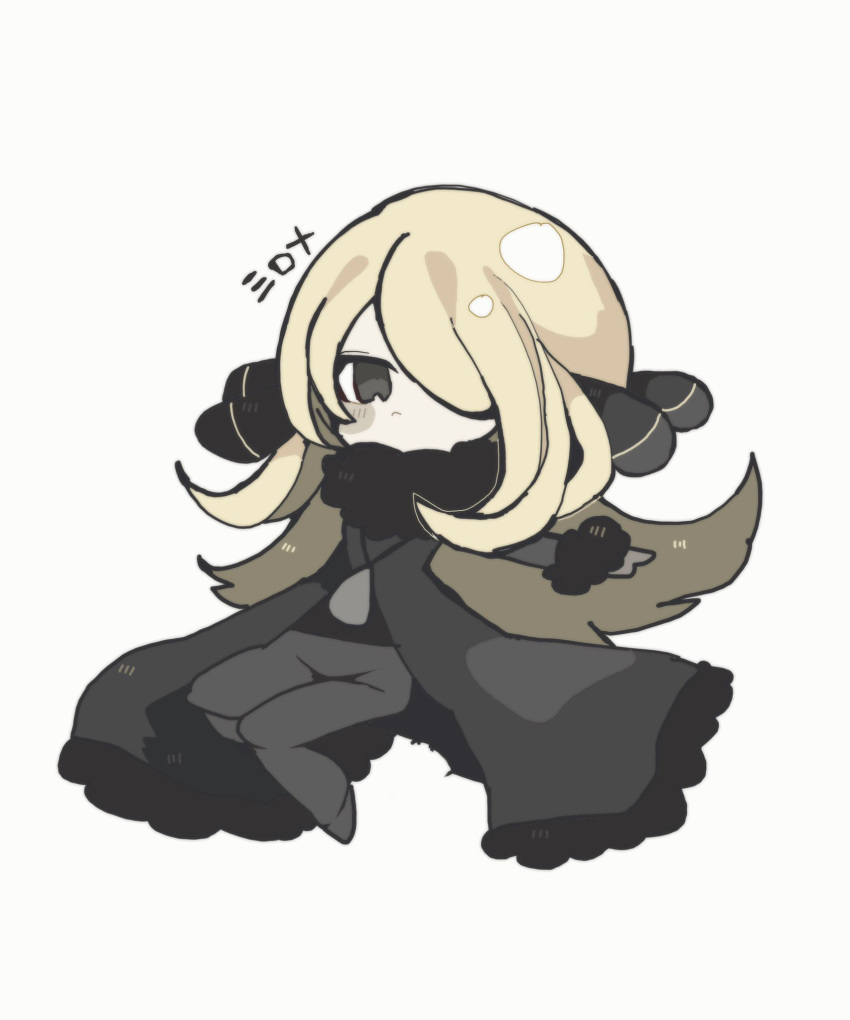 1girl black_coat black_eyes black_fur black_shirt blonde_hair chibi coat cynthia_(pokemon) full_body fur-trimmed_coat fur_trim gloves grey_background grey_gloves grey_pants hair_ornament hair_over_one_eye highres jewelry light_frown long_coat long_hair necklace ovoip pants pendant pokemon shirt solo