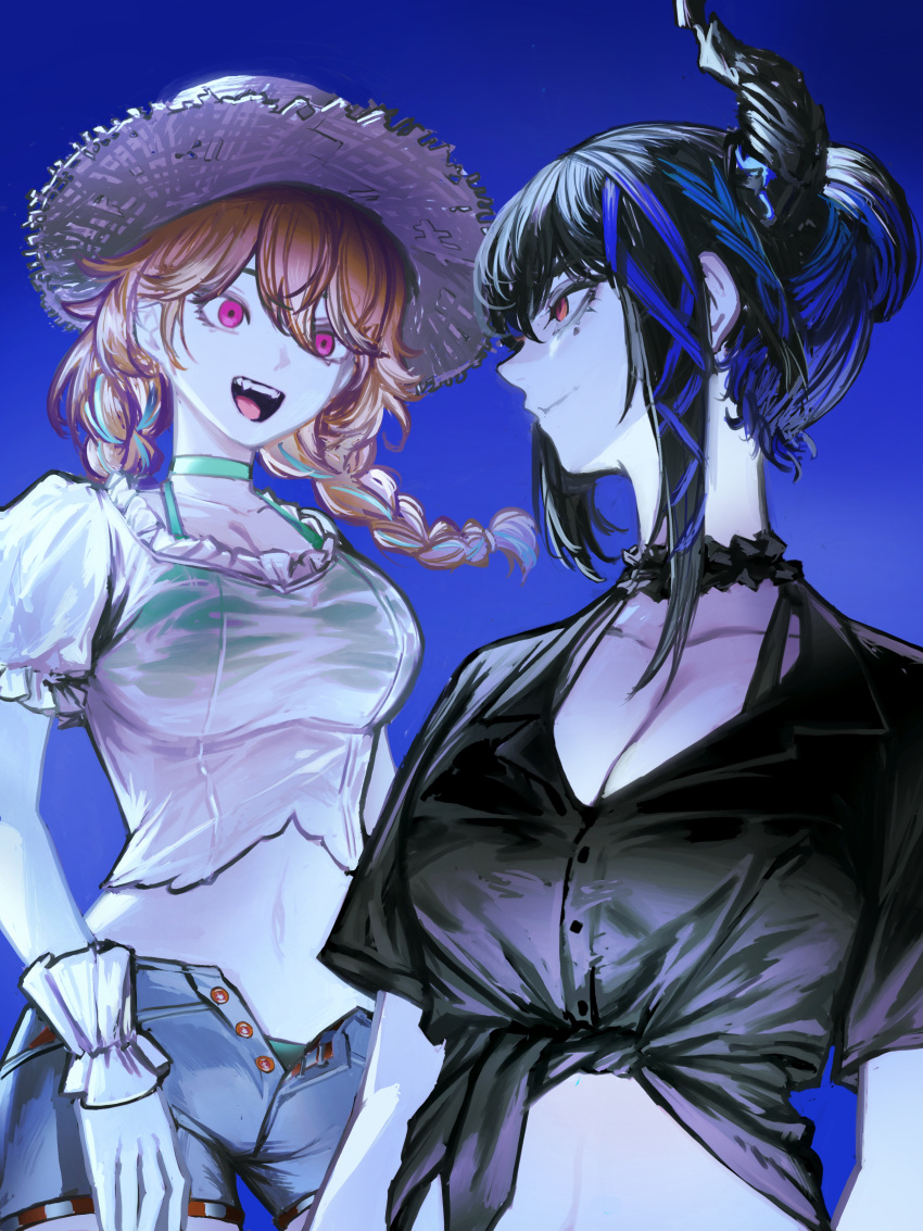 2girls absurdres alternate_costume black_hair blue_hair breasts collarbone colored_inner_hair demon_horns denim denim_shorts hair_ornament highres hololive hololive_english horns large_breasts long_hair mole mole_under_eye multicolored_hair multiple_girls navel nerissa_ravencroft official_alternate_costume open_clothes open_fly open_mouth open_shorts orange_hair pungson_mori purple_eyes red_eyes shirt shorts smile takanashi_kiara takanashi_kiara_(casual) teeth tied_shirt tongue two-tone_hair upper_teeth_only virtual_youtuber