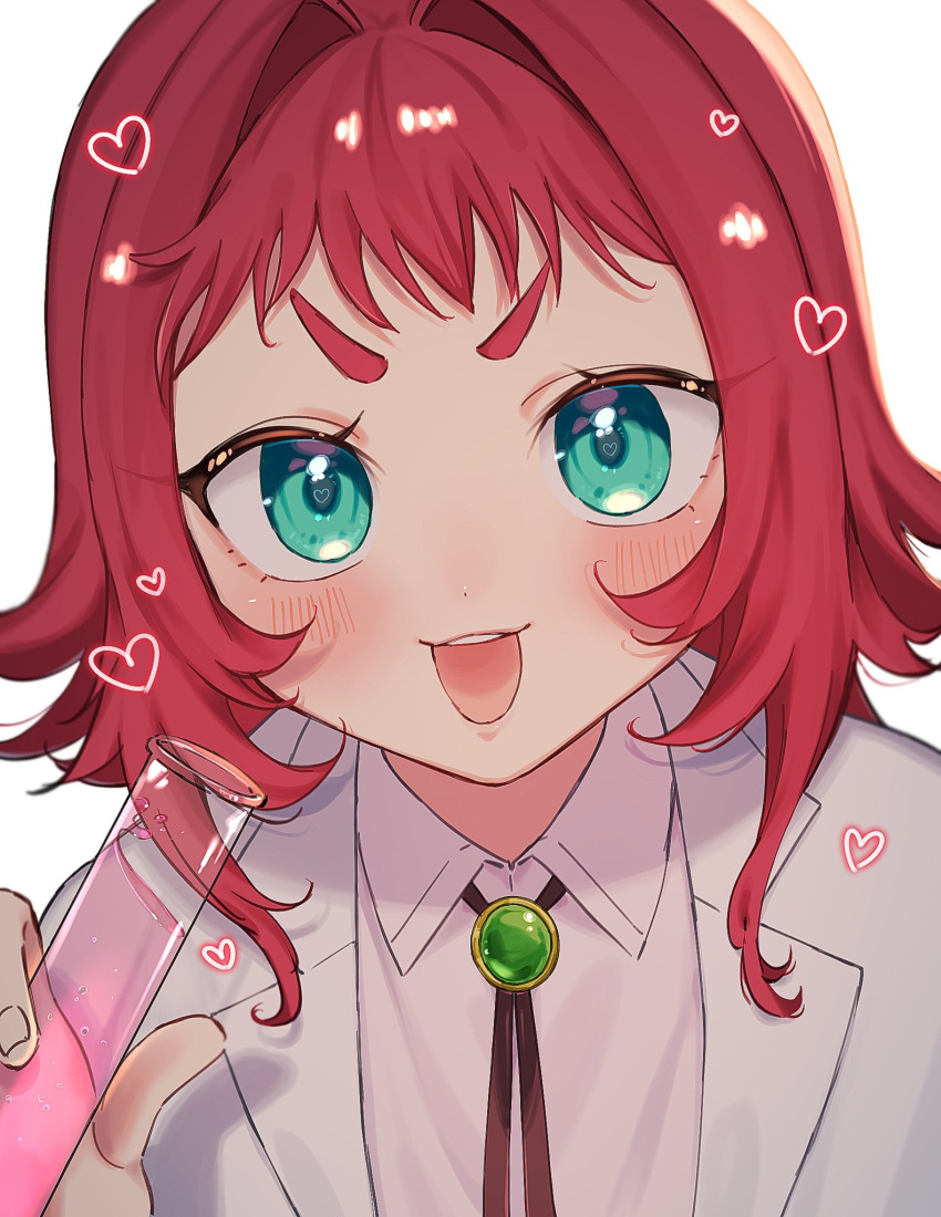 1girl aged_down aqua_eyes blush bolo_tie choppy_bangs close-up collared_shirt heart highres holding holding_test_tube kimi_no_koto_ga_dai_dai_dai_dai_daisuki_na_100-nin_no_kanojo lab_coat liquid looking_at_viewer open_mouth popo_po731 red_hair shirt short_hair sidelocks solo test_tube yakuzen_kusuri