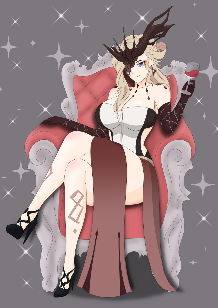 1girl absurdres blonde_hair breasts cleavage earrings enderg fishnet_gloves fishnets genshin_impact gloves high_heels highres jewelry mask mask_over_one_eye signora_(genshin_impact) simple_background single_earring sitting solo sparkle throne