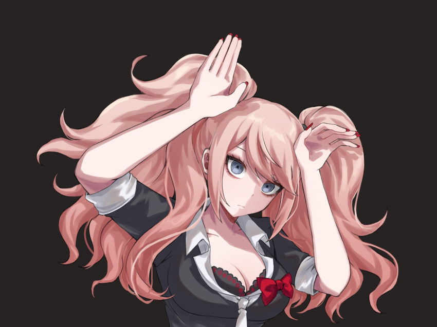 1girl arms_up black_background black_bra black_shirt blonde_hair bow bra breasts cleavage closed_mouth danganronpa:_trigger_happy_havoc danganronpa_(series) enoshima_junko frown green_eyes grey_necktie highres hy_(fjvlg) large_breasts nail_polish necktie red_bow red_nails shirt simple_background solo twintails underwear