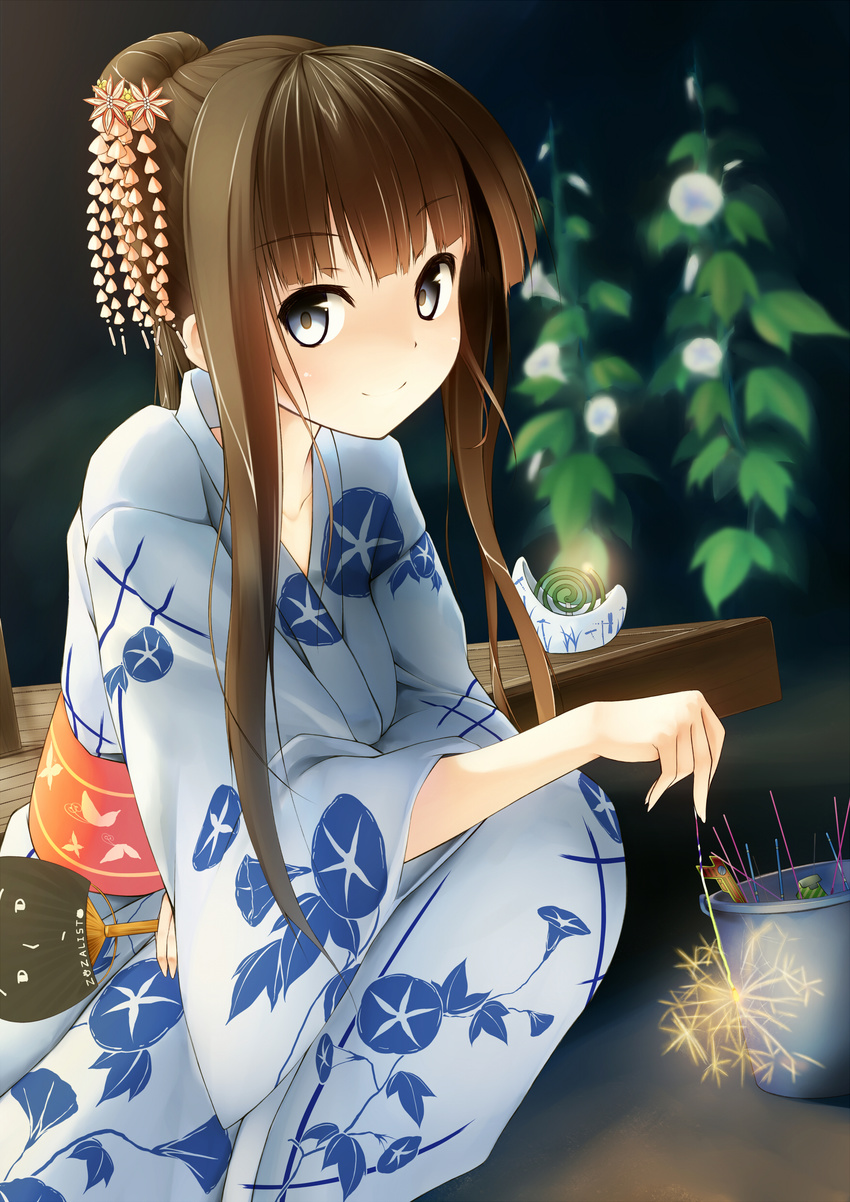 absurdres bangs blue_eyes brown_hair bucket commentary_request eyebrows_visible_through_hair fan fireworks flower from_side hair_ornament hairpin highres japanese_clothes kimono kuroneko_shiro long_hair looking_at_viewer looking_to_the_side morning_glory mosquito_coil original outdoors paper_fan ponytail senkou_hanabi smile solo sparkler squatting uchiwa veranda yukata