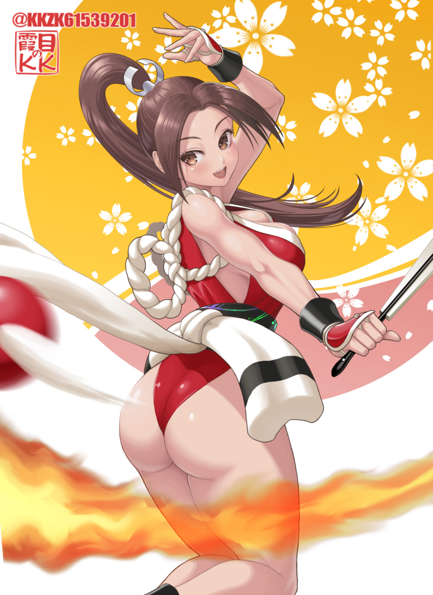 1girl arm_up artist_name ass bare_shoulders blush breasts brown_eyes brown_hair commentary_request fatal_fury fire flower folding_fan from_behind hand_fan high_ponytail highleg highres holding japanese_clothes kkzk61539201 lips long_hair looking_back medium_breasts ninja open_mouth parted_bangs revealing_clothes rope shiny_skin shiranui_mai signature sleeveless smile solo teeth the_king_of_fighters the_king_of_fighters_xv thighs upper_teeth_only
