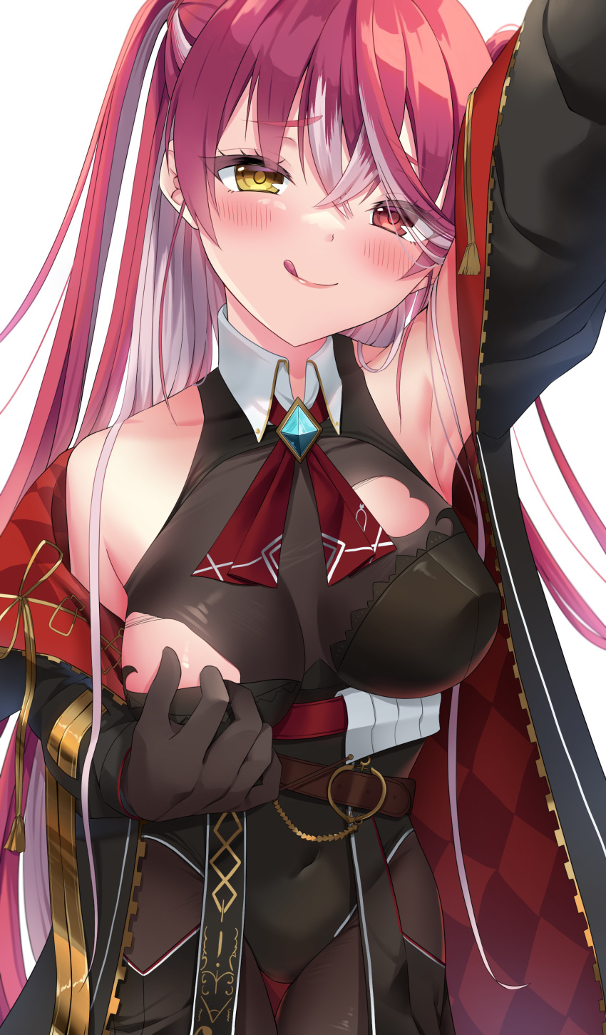 1girl absurdres black_coat black_leotard blush bodystocking breasts coat heterochromia highres hololive houshou_marine houshou_marine_(marching_band) large_breasts leotard looking_at_viewer miroku_yy multicolored_hair navel official_alternate_costume red_coat red_eyes red_hair smile streaked_hair tongue tongue_out torn_bodystocking torn_clothes two-sided_coat two-sided_fabric virtual_youtuber yellow_eyes