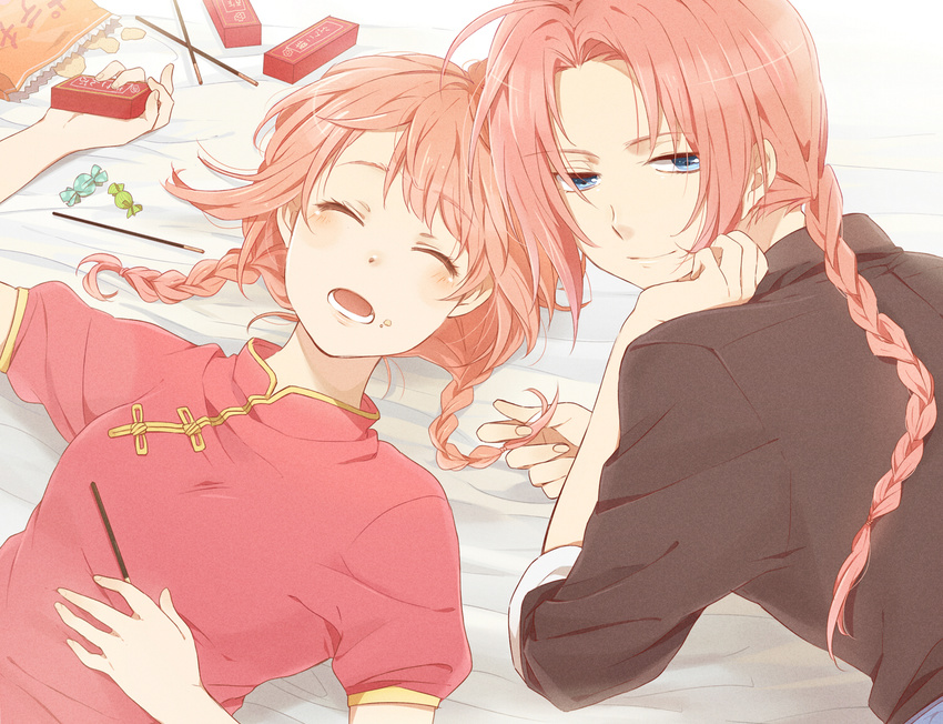 1girl blue_eyes braid brother_and_sister candy chinese_clothes chips closed_eyes food food_on_face gintama kagura_(gintama) kamui_(gintama) karuha looking_at_viewer pink_hair pocky potato_chips siblings single_braid sleeping smile twin_braids