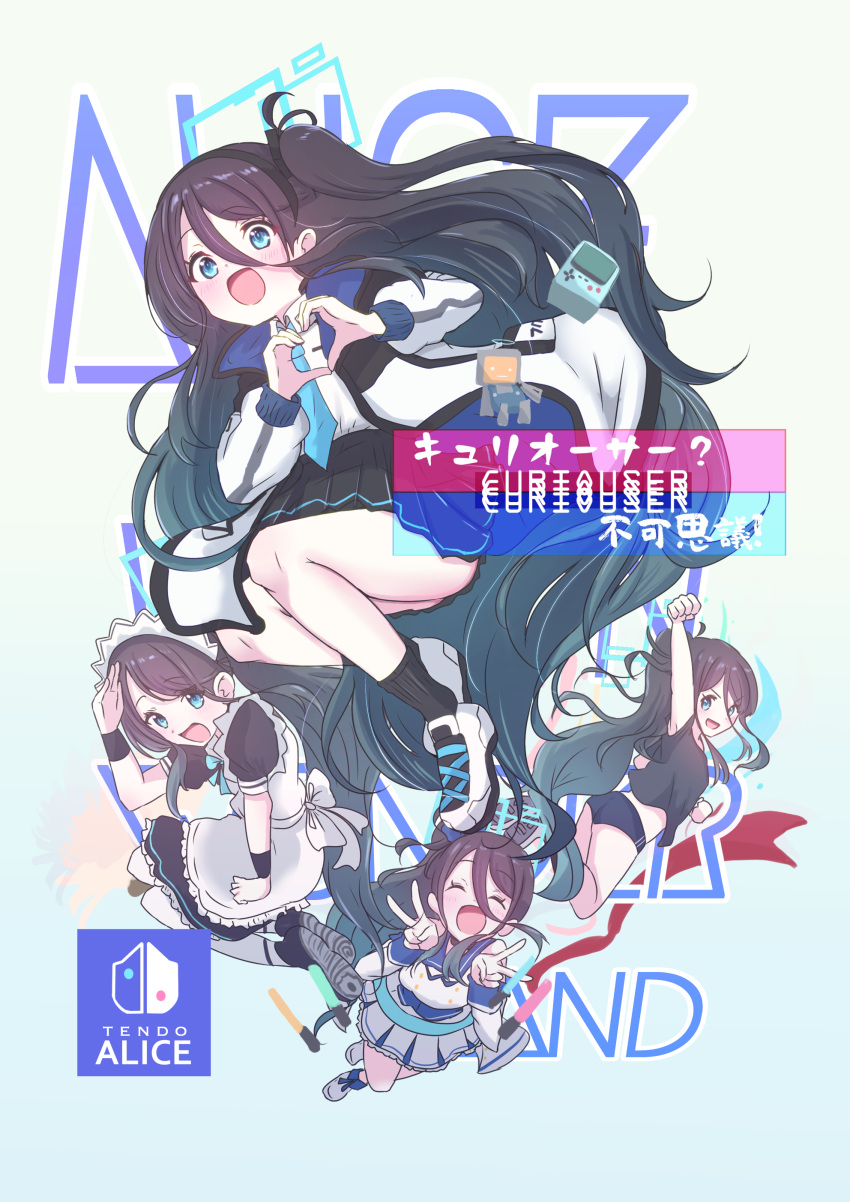 &lt;key&gt;_(robot)_(blue_archive) 1girl absurdly_long_hair absurdres apron aris_(blue_archive) aris_(maid)_(blue_archive) ass black_buruma black_dress black_hair black_hairband black_shirt black_skirt black_socks blue_archive blue_eyes blue_halo blush buruma closed_eyes dress frilled_apron frills giorgio_(yo_sumire_sola1) hairband halo heart heart_hands highres jacket long_hair long_sleeves multiple_views official_alternate_costume one_side_up open_clothes open_jacket open_mouth pantyhose pleated_skirt shirt short_sleeves skirt smile socks very_long_hair white_apron white_jacket white_pantyhose