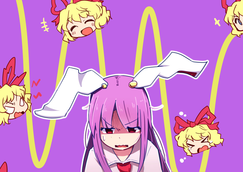 2girls angry animal_ears annoyed blonde_hair commentary_request crying happy highres kanisawa_yuuki long_hair medicine_melancholy multiple_girls necktie open_mouth purple_hair rabbit_ears red_eyes reisen_udongein_inaba shirt short_hair tagme touhou