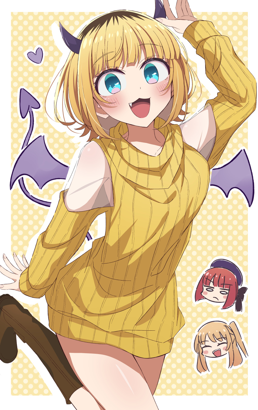 3girls :3 absurdres arima_kana arm_up black_socks blonde_hair blue_eyes blush fang highres hoshino_ruby kneehighs looking_at_viewer meiji_(meizi493) memcho multiple_girls oshi_no_ko ribbed_sweater smile socks sweater yellow_sweater