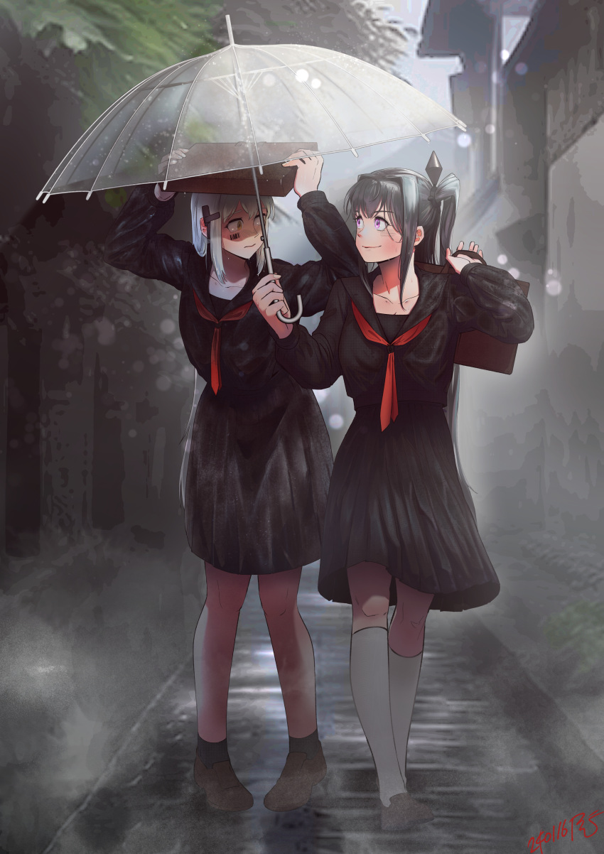 2girls absurdres architect_(girls'_frontline) bag bag_over_head barcode barcode_tattoo black_serafuku black_skirt black_socks blush brown_footwear gager_(girls'_frontline) girls'_frontline hair_intakes highres holding holding_bag holding_umbrella kneehighs long_hair multiple_girls neckerchief one_side_up orange_eyes pink_eyes radish_p rain red_neckerchief school_bag school_uniform serafuku shared_umbrella shoes skirt smile socks tattoo transparent transparent_umbrella umbrella under_umbrella white_hair white_socks