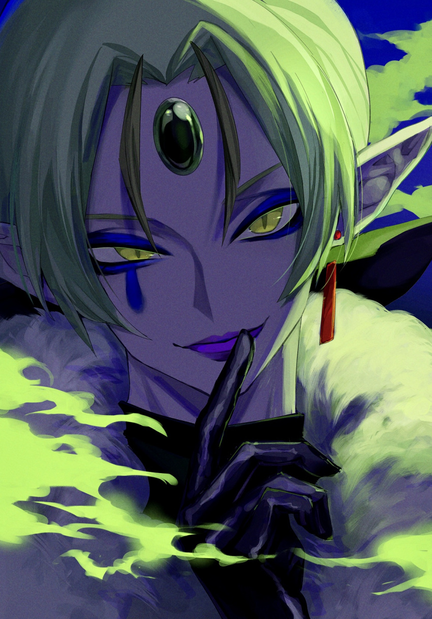 1boy battamonda black_gloves blue_background earrings finger_to_mouth fog forehead_jewel fur_trim gloves green_eyes hair_intakes hand_up highres hirogaru_sky!_precure index_finger_raised jewelry long_hair looking_at_viewer makeup mascara nerutora pointy_ears precure purple_lips simple_background single_earring smile solo turtleneck upper_body