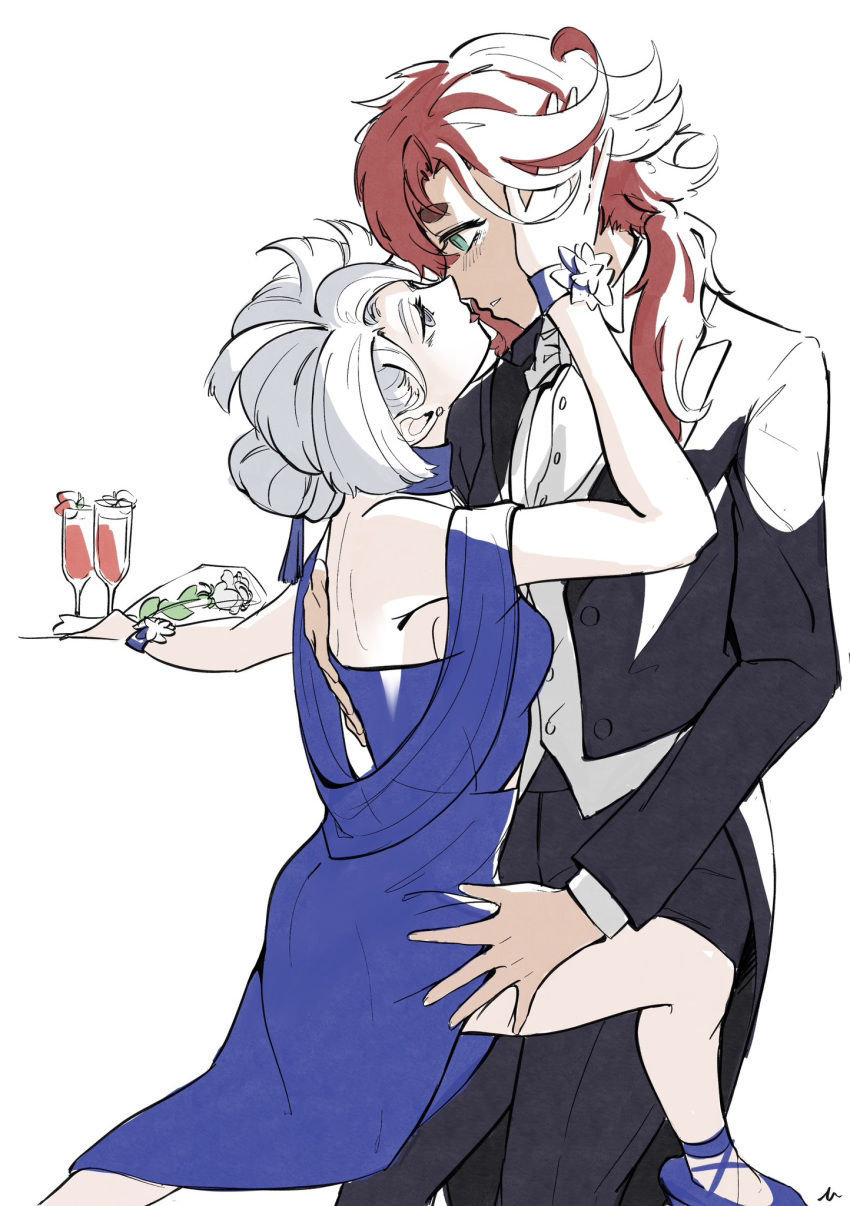 2girls aqua_eyes black_jacket black_pants blue_bracelet blue_dress bracelet champagne_flute commentary_request cup dress dress_pants drinking_glass flower grey_eyes gundam gundam_suisei_no_majo hand_on_another's_head hand_on_another's_thigh highres imminent_kiss jacket jewelry long_hair miorine_rembran mng_srmo multiple_girls noses_touching pants parted_lips red_hair simple_background strapless strapless_dress suit_jacket suletta_mercury thick_eyebrows tuxedo vest waistcoat white_background white_flower white_hair white_vest yuri