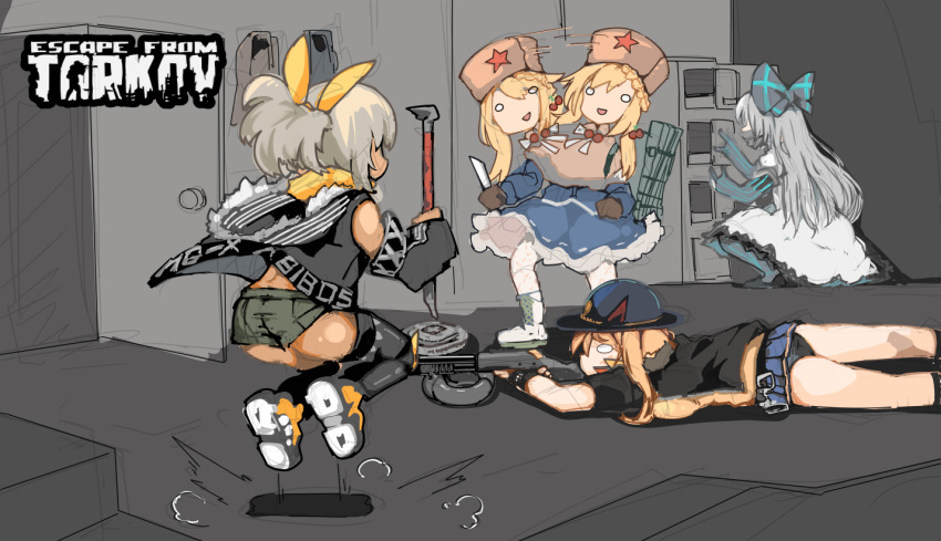 4girls :d afterimage aiming albacrow_ill ass bandana bandana_around_neck black_gloves black_jacket black_panties black_pantyhose black_sleeves black_socks black_thighhighs blonde_hair blue_skirt blue_stripes bow brand_name_imitation breasts brown_gloves brown_shorts capelet commentary_request copyright_name crossover cuffs dark-skinned_female dark_skin demon_horns dress elbow_gloves escape_from_tarkov feet_out_of_frame fingerless_gloves first_aid_kit full_body fur-trimmed_capelet fur_hat fur_trim gameplay_mechanics girls'_frontline gloves grey_hair gun hair_between_eyes hair_bow hair_ribbon handcuffs hat hat_ornament holding holding_crowbar holding_gun holding_knife holding_weapon hood hood_down hooded_jacket horned_hat horns jacket jumping klin_(girls'_frontline) knife long_hair lying m870_(girls'_frontline) multiple_girls o_o on_floor on_stomach open_door open_mouth over-kneehighs panties pantyhose police_hat ponytail ppsh-41_(girls'_frontline) puff_of_air pump_action red_horns refrigerator remington_870 ribbon shirt shoe_soles shoes short_sleeves shorts shotgun single_over-kneehigh single_thighhigh skirt sleeveless sleeveless_jacket smile sneakers socks squatting star_(symbol) star_hat_ornament striped_clothes striped_gloves striped_pantyhose thighhighs tokarev_(girls'_frontline) twintails underwear ushanka vertical-striped_clothes vertical-striped_gloves vertical-striped_pantyhose very_long_hair weapon white_dress white_pantyhose wide_oval_eyes yellow_bandana yellow_ribbon yellow_shirt