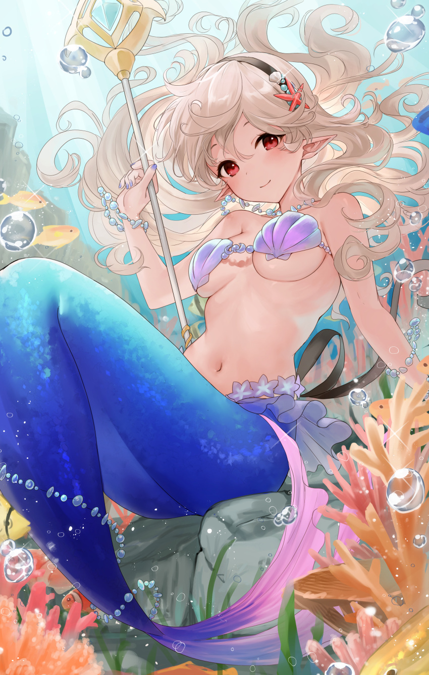 1girl absurdres black_hairband blush breasts commission commissioner_upload corrin_(female)_(fire_emblem) corrin_(fire_emblem) fire_emblem fire_emblem_fates hairband haru_(nakajou-28) highres holding holding_polearm holding_weapon jewelry large_breasts looking_at_viewer mermaid monster_girl necklace pointy_ears polearm red_eyes seashell shell shell_bikini skeb_commission smile solo spear underboob underwater weapon white_hair