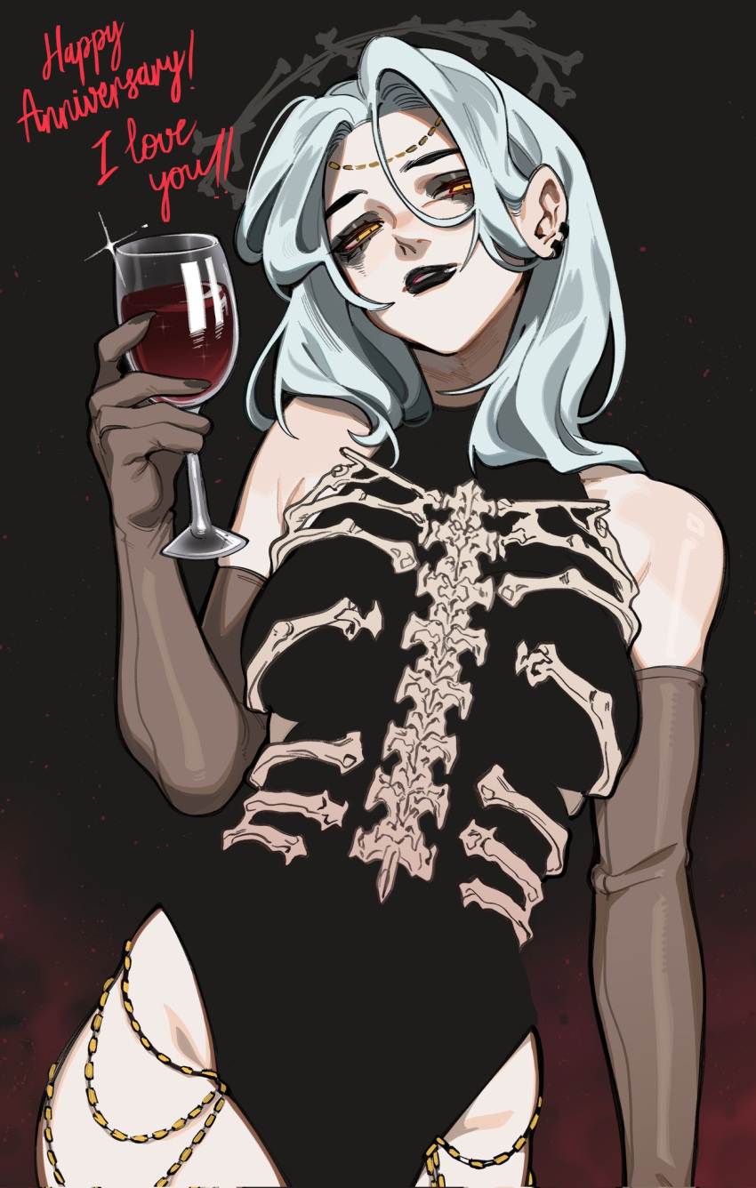 1girl alcohol bare_shoulders black_background black_dress black_lips brown_gloves copyright_request cowboy_shot cup dress drinking_glass earrings elbow_gloves english_text gloves grey_hair hand_up happy_anniversary highres jewelry long_hair looking_at_viewer orange_eyes porqueloin red_background skull solo wine wine_glass
