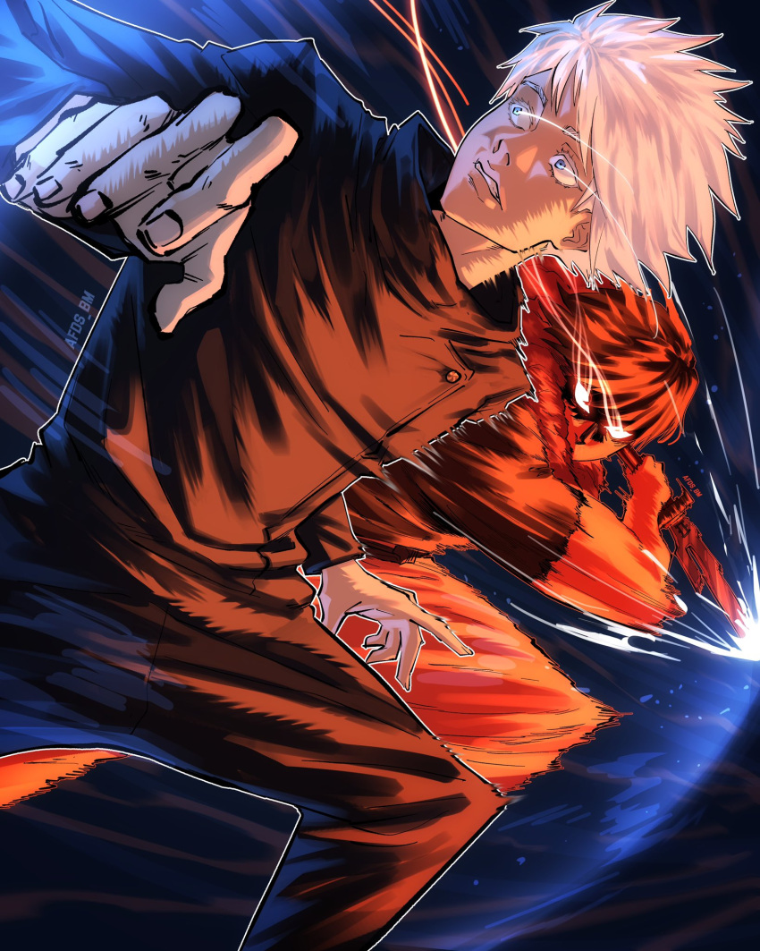 2boys afdsbm black_hair black_shirt blue_eyes fighting fighting_stance fushiguro_touji gojou_satoru highres holding holding_sword holding_weapon jujutsu_kaisen multiple_boys pants school_uniform shirt sneak_attack sword weapon white_hair white_pants