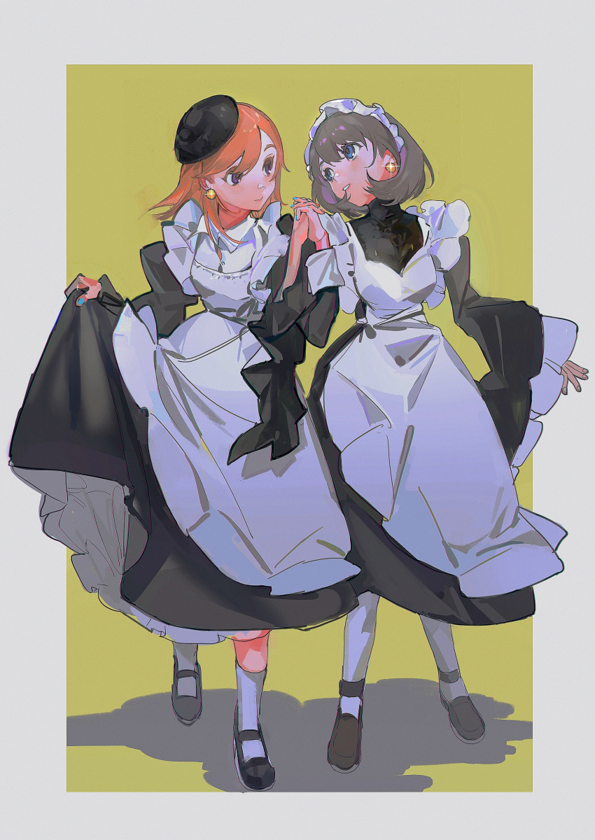 2girls absurdres ankle_socks apron black_dress black_footwear black_headwear black_sleeves blue_eyes blue_nails bob_cut border brown_hair chinese_commentary closed_mouth collared_shirt colored_eyelashes commentary_request dress earrings fingernails frilled_apron frilled_sleeves frills full_body green_background grey_border hat highres holding_hands jewelry juliet_sleeves kneehighs light_blush long_sleeves looking_at_another love_live! love_live!_superstar!! maid maid_headdress mary_janes mini_hat multiple_girls nail_polish open_mouth orange_hair outside_border puffy_sleeves purple_eyes riko-m shadow shibuya_kanon shirt shoes short_hair skirt_hold sleeves_past_wrists smile socks sparkle sphere_earrings tang_keke teeth turtleneck_dress white_apron white_headdress white_shirt white_socks wide_sleeves yuri