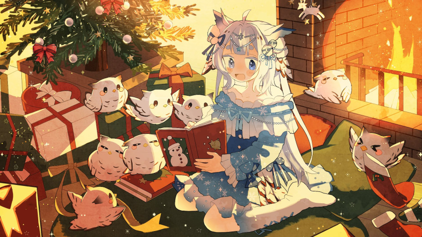 :d ahoge bare_shoulders bird book christmas_ornaments christmas_present christmas_stocking christmas_tree collarbone commission feathers fireplace gift hair_ornament hair_ribbon heterochromia highres holding holding_book indie_virtual_youtuber ko_hayashi_(keyaki) long_hair long_sleeves mikazuki_silvi open_mouth owl owl_ears owl_girl ribbon sitting skeb_commission smile wariza white_footwear white_hair