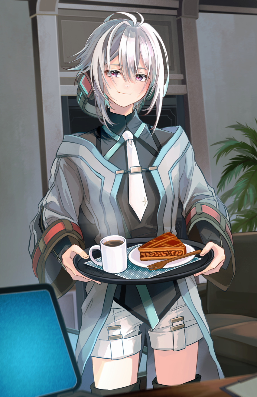 1boy absurdres blush closed_mouth coffee coffee_mug commentary_request computer cup eiyuu_densetsu food fork grey_hair hair_between_eyes highres holding holding_plate indoors kuro_no_kiseki laptop male_focus medium_hair mug nerujorlet pie plant plate quatre_salision red_eyes screen shorts smile standing white_shorts