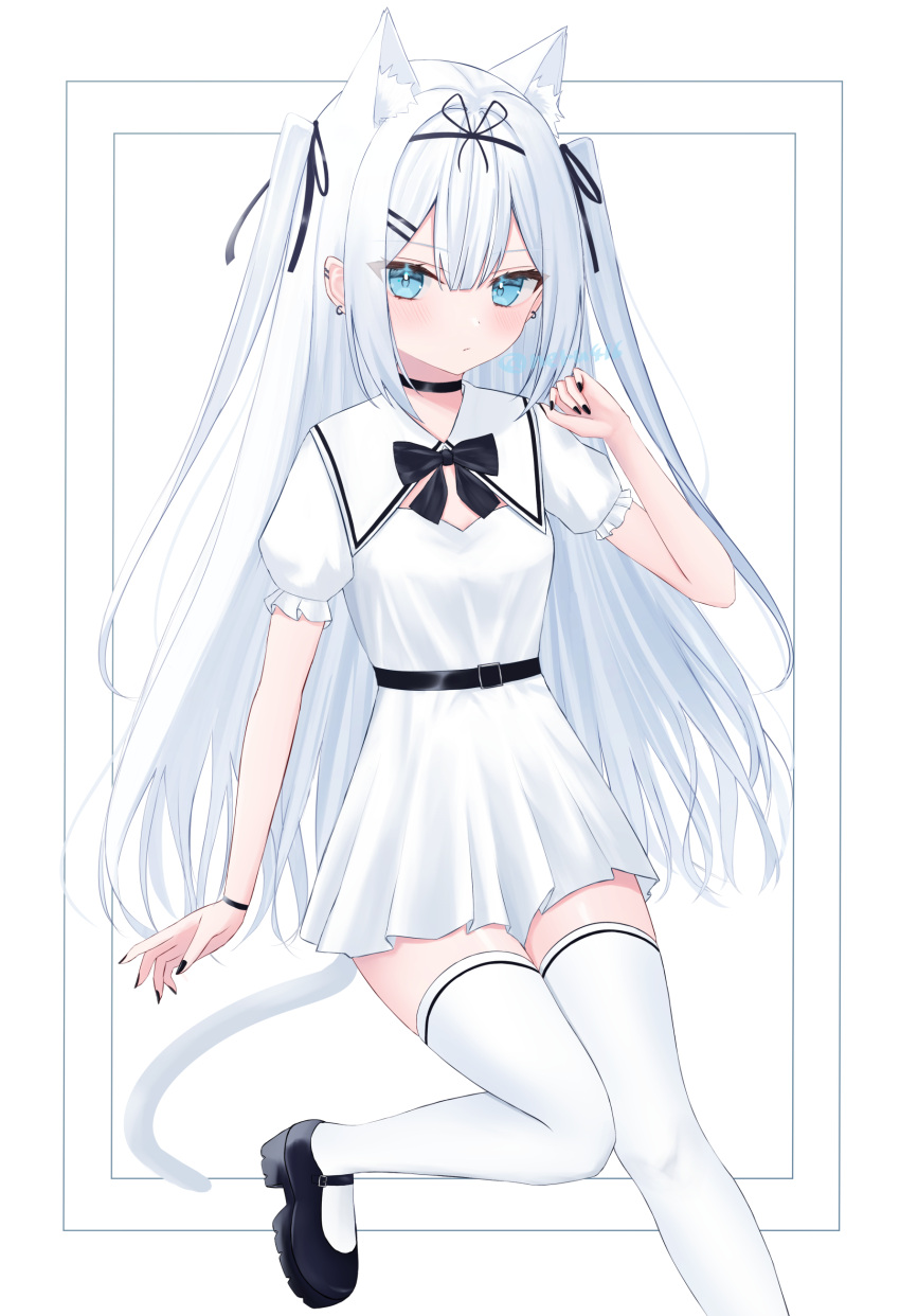 1girl absurdres animal_ear_fluff animal_ears black_bow black_choker black_nails black_ribbon blue_eyes blush bow breasts cat_ears cat_girl cat_tail choker double-parted_bangs dress extra_ears hair_ribbon highres holding iris37337 legband long_hair looking_at_viewer mary_janes original puffy_sleeves ribbon shoes small_breasts solo tail thighhighs very_long_hair white_dress white_hair white_thighhighs