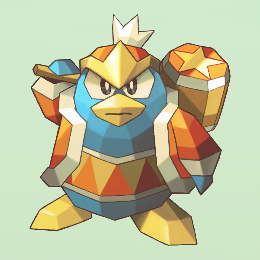 1boy black_eyes bright_pupils closed_mouth commentary cortoony english_commentary frown fur-trimmed_jacket fur-trimmed_sleeves fur_trim green_background hammer hat highres holding holding_hammer jacket king_dedede kirby_(series) kirby_64 long_sleeves looking_at_viewer low_poly male_focus no_humans open_clothes open_jacket red_headwear red_jacket serious simple_background solo star_(symbol) v-shaped_eyebrows white_pupils