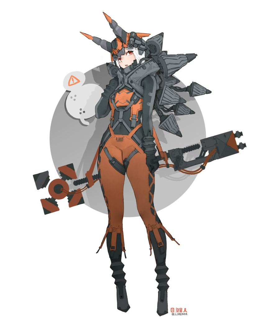 1girl arm_at_side arrow_(symbol) barcode black_bodysuit bodysuit chinese_commentary commentary_request covered_navel drop_shadow expressionless full_body grey_background grey_horns groin headgear highres horns liren44 looking_at_viewer machine mechanical_horns mechanical_parts metal open_mouth orange_bodysuit orange_horns original red_eyes science_fiction skin_tight solo strap twitter_username white_background white_hair