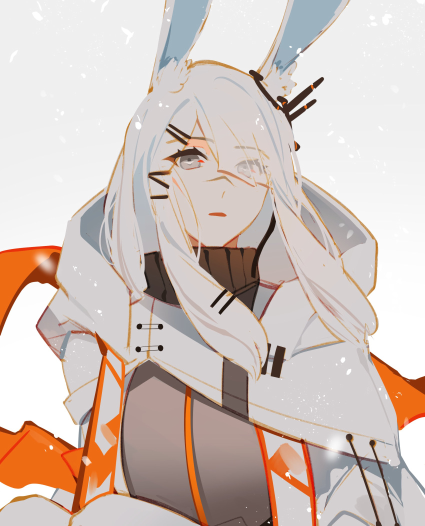 1girl absurdres animal_ear_fluff animal_ears arknights black_scarf blurry blurry_foreground capelet clear_sky commentary depth_of_field expressionless eyelashes frostnova_(arknights) grey_eyes grey_hair grey_shirt grey_sky hair_ornament hair_over_one_eye hairclip highres hood hood_down hooded_capelet jacket long_hair looking_at_viewer open_clothes open_jacket orange_ribbon outdoors parted_lips rabbit_ears rabbit_girl ribbon scar scar_on_face scar_on_nose scarf shadow shirt sidelocks sky snowing solo standing upper_body white_capelet white_hood white_jacket ylceon