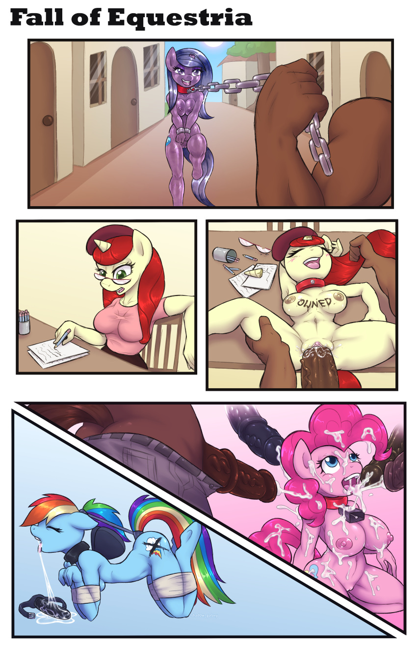 absurd_res anthro bodily_fluids body_writing collar collar_only color_edit colored cum cum_on_face fall_of_equestria female friendship_is_magic genital_fluids genitals group hasbro hi_res male male/female my_little_pony nude penis pinkie_pie_(mlp) rainbow_dash_(mlp) ruby_prose_(oc) schorl_tourmaline_(oc) sex_slave shad0w-galaxy slashysmiley third-party_edit