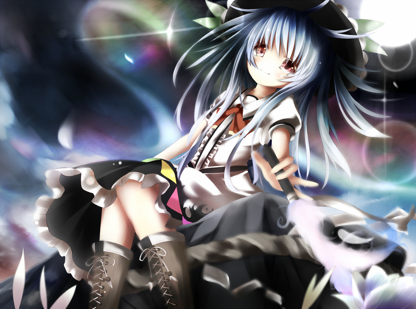 blue_hair boots cross-laced_footwear dress hat hinanawi_tenshi lace-up_boots long_hair red_eyes rock rope shimenawa sitting sitting_on_rock smile solo touhou umagenzin white_dress