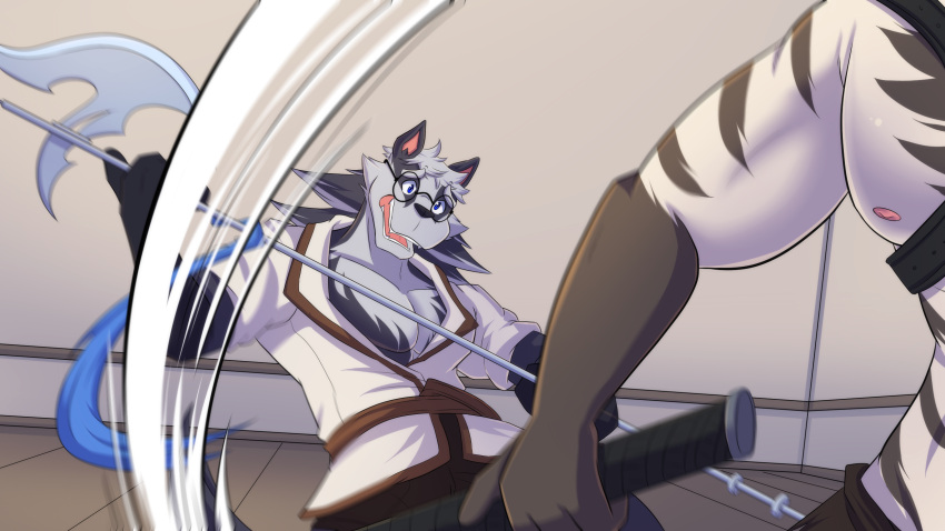 action_pose action_scene anthro badger eyewear fight fighting_pose glasses hi_res hyena male mammal marrow_(temptations_ballad) melee_weapon motion_lines mustelid musteline polearm pose shirokoi sidd_(temptations_ballad) striped_hyena temptations_ballad_(visual_novel) visual_novel weapon