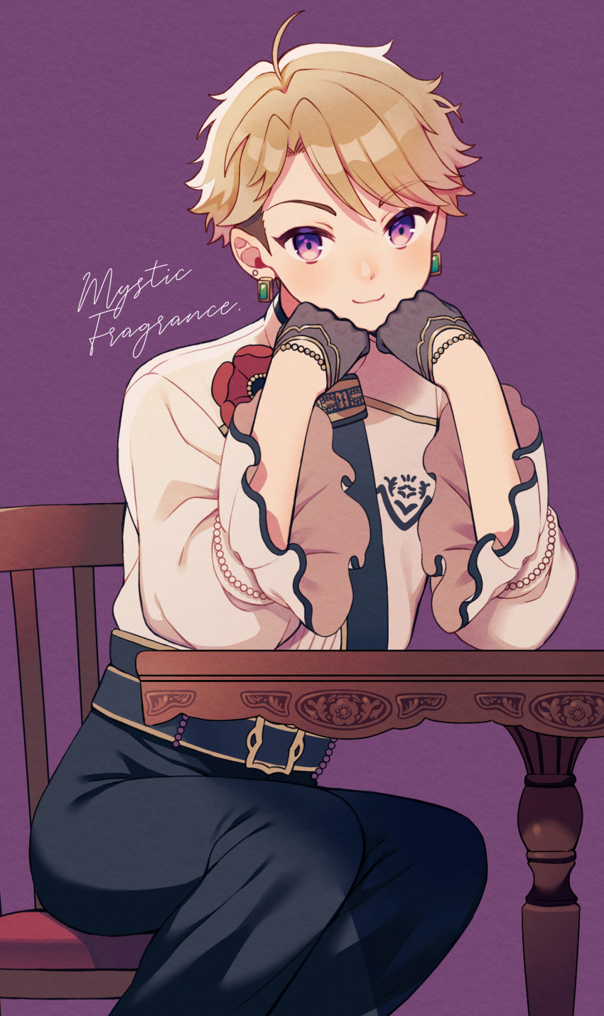 1boy :3 absurdres amagi_hana blonde_hair blush brown_hair chair earrings elbow_rest elbows_on_table english_text ensemble_stars! hands_on_own_cheeks hands_on_own_face head_rest highres jewelry long_sleeves looking_at_viewer multicolored_hair narukami_arashi necktie pants purple_background sitting smile solo table