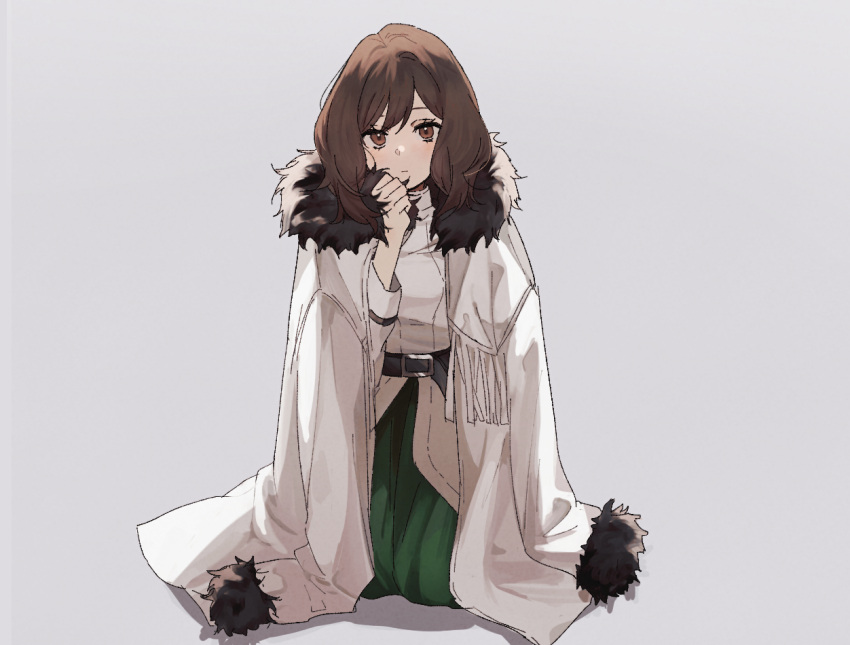 1girl belt borrowed_clothes brown_eyes brown_hair coat coat_on_shoulders commentary_request ehre_(sousou_no_frieren) expressionless fur-trimmed_coat fur_trim green_skirt grey_background light_blush long_skirt looking_at_viewer medium_hair mochiosamu_ron skirt solo sousou_no_frieren white_coat