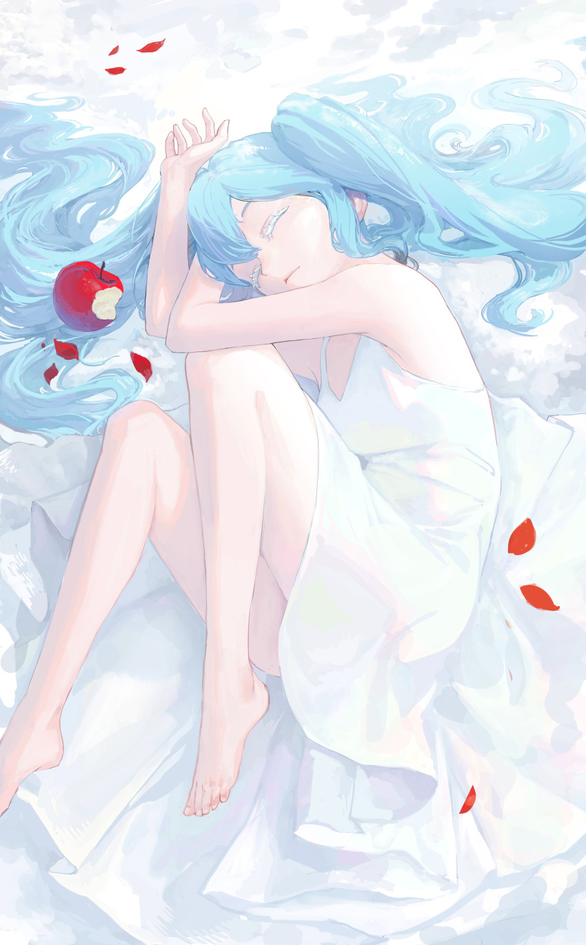 absurdres apple barefoot blue_hair cho_gum closed_eyes closed_mouth dress food fruit hatsune_miku highres long_hair petals rose_petals sleeping toes twintails vocaloid white_dress