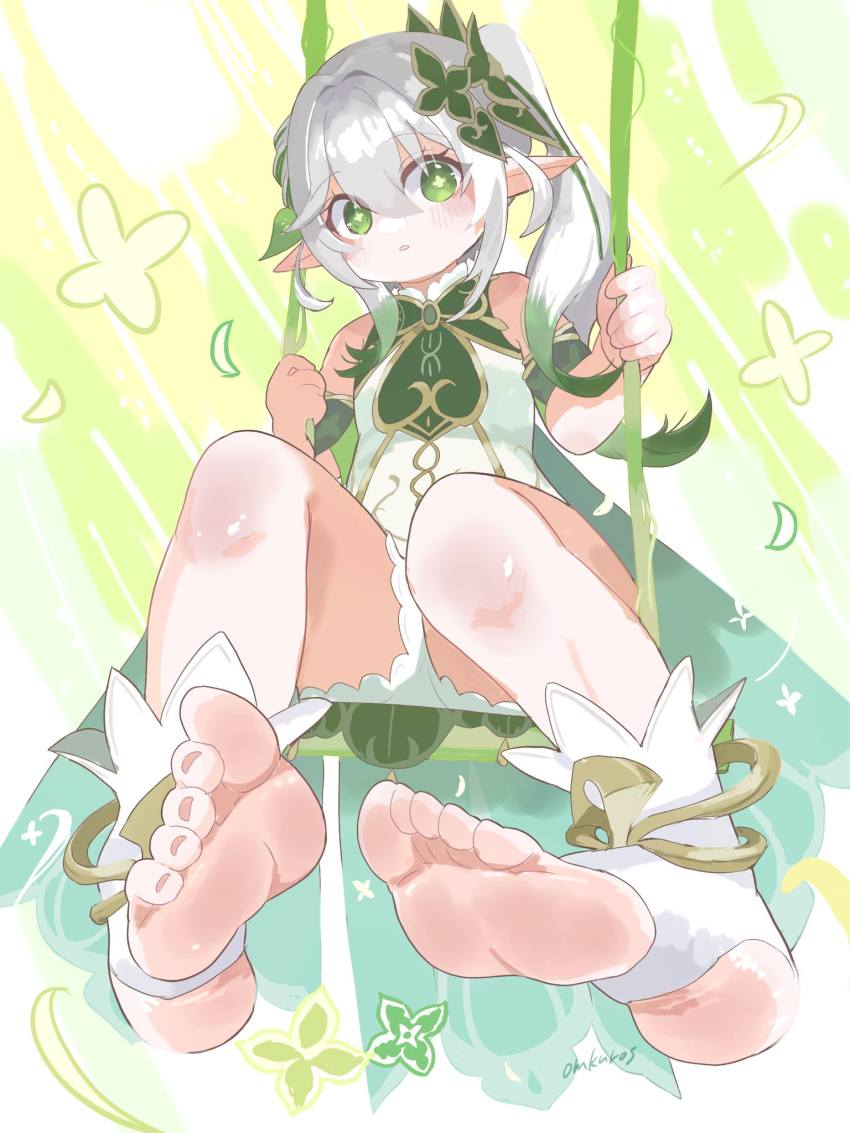 1girl artist_name bare_shoulders bloomers blush breasts commentary_request cross-shaped_pupils dress feet foot_focus foreshortening full_body genshin_impact gold_trim green_background green_dress green_eyes grey_hair hair_between_eyes hair_intakes hair_ornament highres holding leaf_hair_ornament long_hair looking_at_viewer nahida_(genshin_impact) no_shoes omkuros pointy_ears ponytail short_dress shorts side_ponytail sidelocks signature sitting small_breasts socks soles solo stirrup_footwear stirrup_legwear swing_set symbol-shaped_pupils toeless_legwear toes white_bloomers white_dress white_shorts white_socks