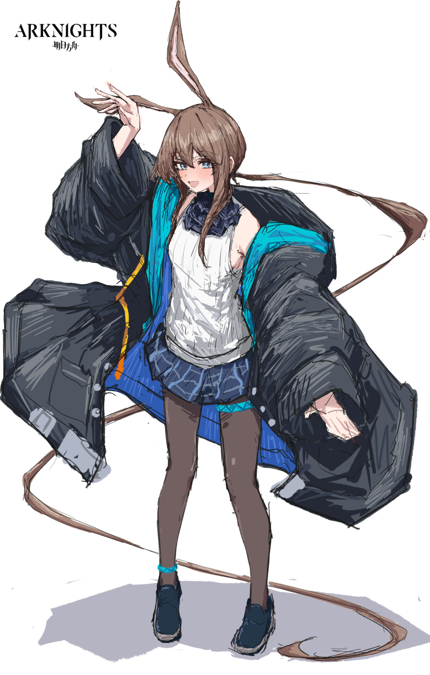 1girl :d absurdly_long_hair absurdres amiya_(arknights) animal_ears anklet arknights arm_up ascot bare_shoulders black_coat black_footwear black_hood black_pantyhose blue_ascot blue_eyes blue_skirt blush breasts brown_hair buttons coat commentary copyright_name extra_ears floating_hair full_body hair_between_eyes happy highres hood hood_down hooded_coat infection_monitor_(arknights) invisible_floor jewelry legs long_hair long_sleeves looking_at_viewer low_ponytail miniskirt off_shoulder open_clothes open_coat open_mouth outstretched_hand oversized_clothes pantyhose plaid plaid_skirt pocket ponytail rabbit_ears rabbit_girl ribbed_sweater shadow shoes sideboob sidelocks simple_background skirt sleeveless sleeveless_sweater small_breasts smile solo standing sweater thighlet tobildesu very_long_hair white_background white_sweater wide_sleeves