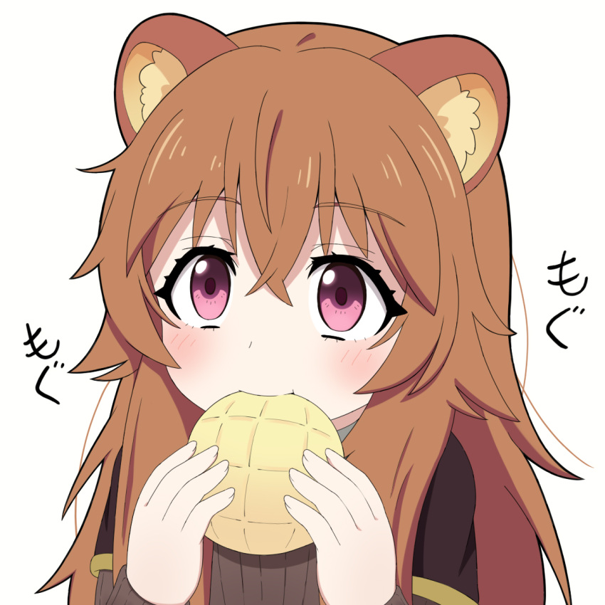 1girl aged_down animal_ear_fluff animal_ears blush bread brown_hair chinese_commentary close-up commentary_request crossed_bangs eating eyelashes flower food hair_between_eyes hair_flower hair_ornament hands_up highres long_hair looking_at_viewer melon_bread messy_hair nmudml2 partial_commentary pink_eyes raccoon_ears raccoon_girl raphtalia simple_background solo sound_effects tareme tate_no_yuusha_no_nariagari upturned_eyes white_background