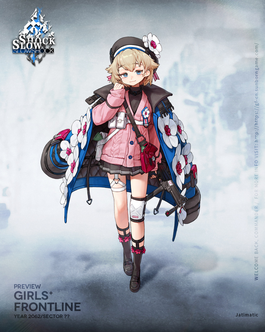 1girl asymmetrical_legwear bag beret black_footwear black_headwear black_skirt black_socks black_sweater blonde_hair blue_coat blue_eyes character_name chest_strap closed_mouth coat coat_on_shoulders commentary copyright_name english_commentary flower flower_ornament full_body girls'_frontline gun half-closed_eyes hat hat_flower highres holding holding_gun holding_weapon jatimatic jatimatic_(girls'_frontline) knee_pads light_smile loafers long_sleeves looking_at_viewer medium_hair official_art pink_bag pink_flower pink_sweater pleated_skirt pouch rinotuna second-party_source shoes shoulder_bag single_knee_pad skirt snap-fit_buckle socks solo standing submachine_gun sweater thigh_strap turtleneck turtleneck_sweater weapon web_address white_bag white_flower