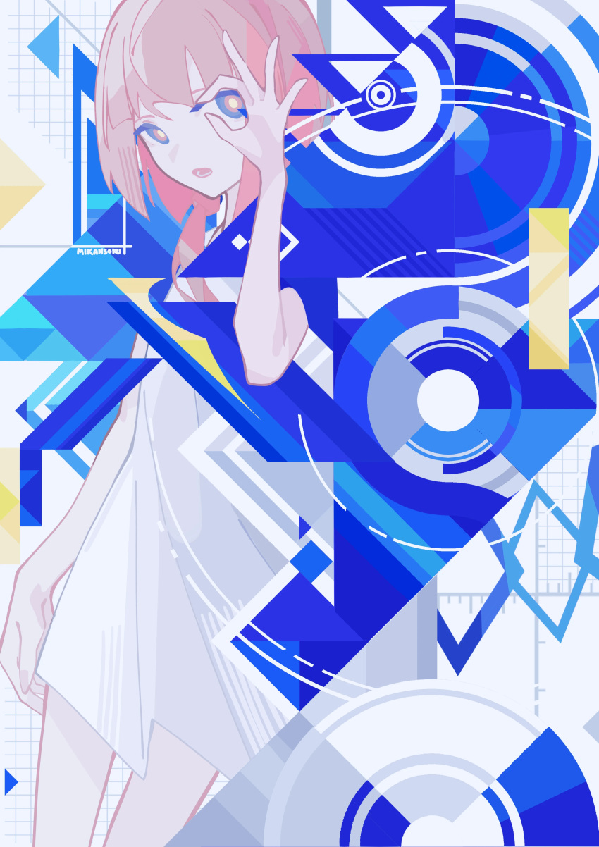 1girl abstract absurdres arm_at_side blue_cloak blue_eyes chinese_commentary cloak commentary_request dress expressionless fagun_yibei geometry graph hair_over_shoulder hand_up highres hood hood_down hooded_cloak kaf_(kamitsubaki_studio) kamitsubaki_studio long_hair looking_at_viewer low_ponytail multicolored_eyes ok_sign ok_sign_over_eye open_mouth pink_hair red_eyes short_dress sleeveless sleeveless_dress solo song_name virtual_youtuber white_dress yellow_pupils