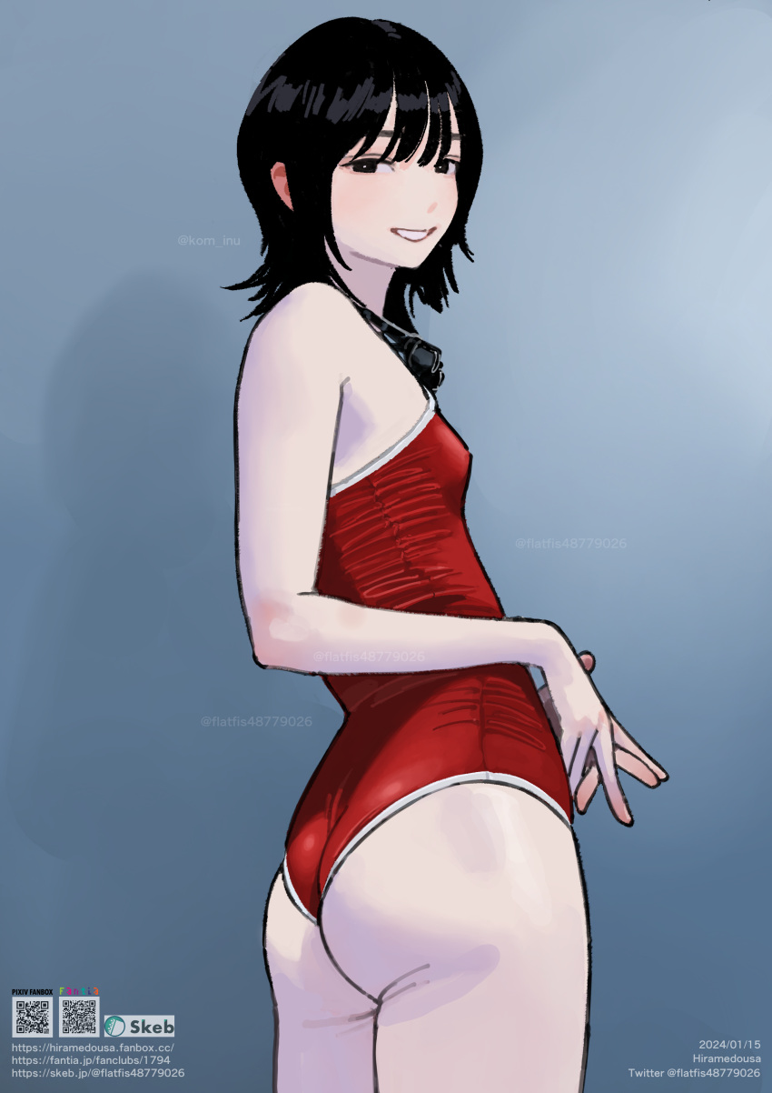 1girl absurdres ass bare_shoulders black_eyes black_hair breasts grin highres hiramedousa long_hair one-piece_swimsuit original red_one-piece_swimsuit school_swimsuit small_breasts smile solo swimsuit