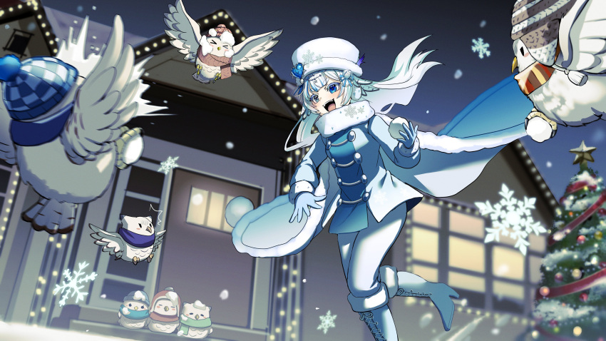 364ing01 :d absurdres bird cape christmas_lights christmas_tree coat commission feathers hair_ornament hair_ribbon heterochromia highres indie_virtual_youtuber mikazuki_silvi open_mouth owl owl_girl ribbon scarf skeb_commission smile snowball white_footwear white_hair winter winter_clothes winter_coat